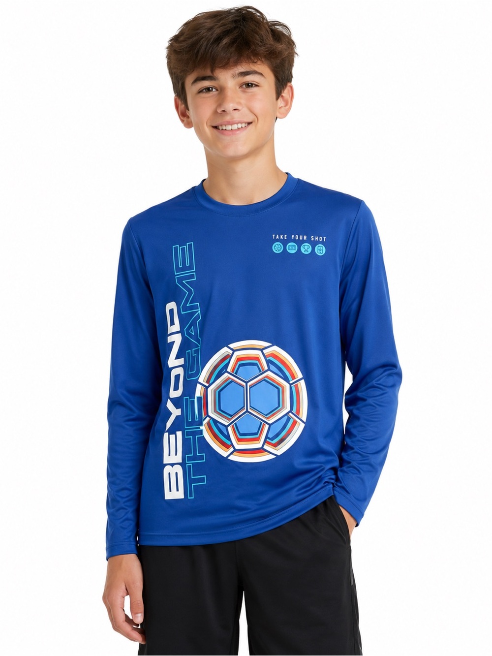 Athletic Works Boys Dri Fit Soccer Performance Shirt Blue Long Sleeve L 10-12